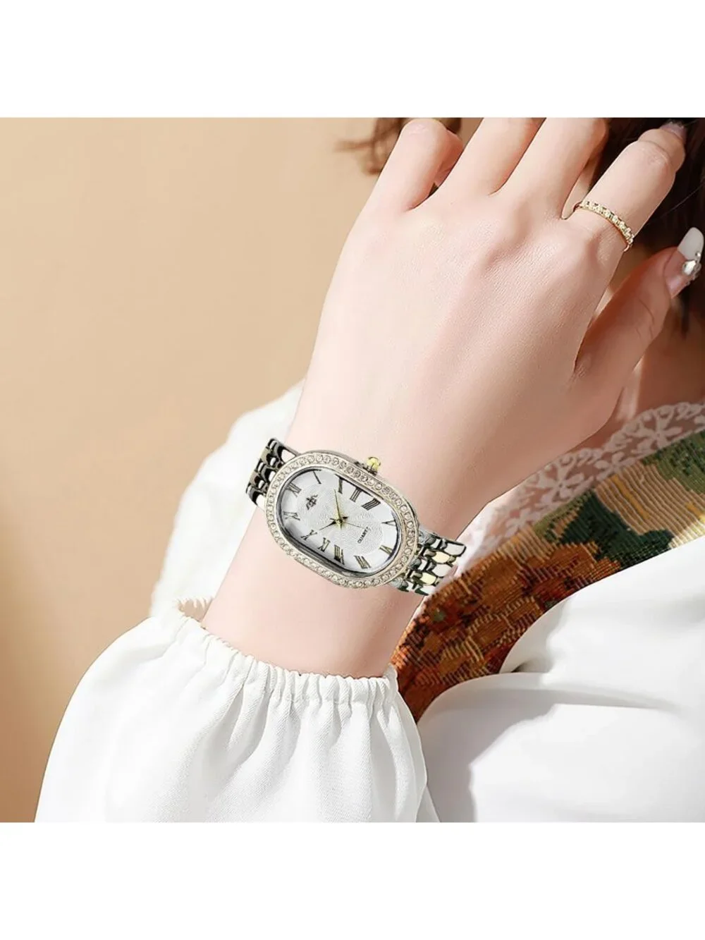 Women's Two-Tone Vintage Rome Oval Case Adjustable Stainless Steel Analog Watch